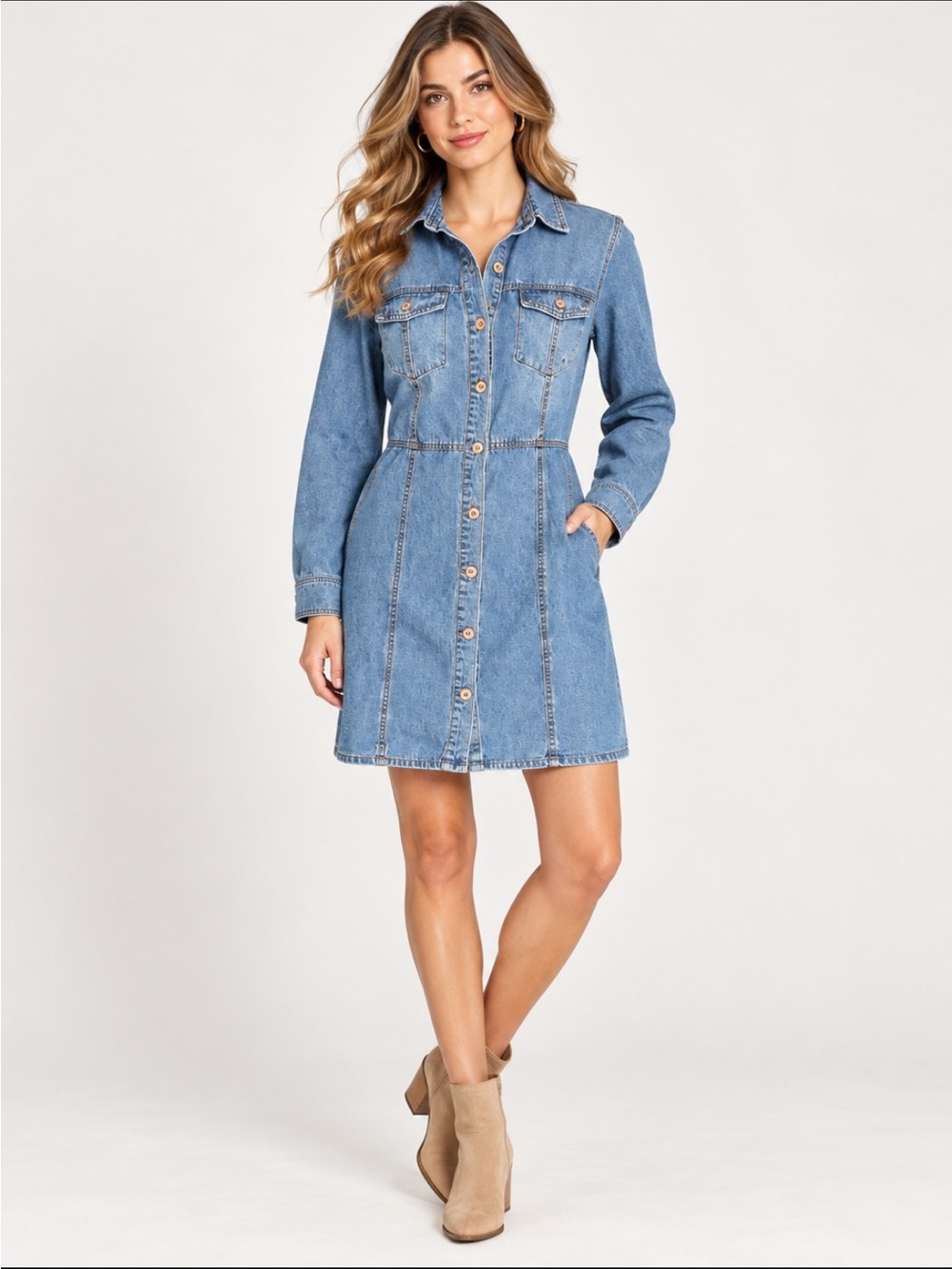 FRYE NWOT Women’s Denim Button Front Dress, Chest & Side Pockets 😍